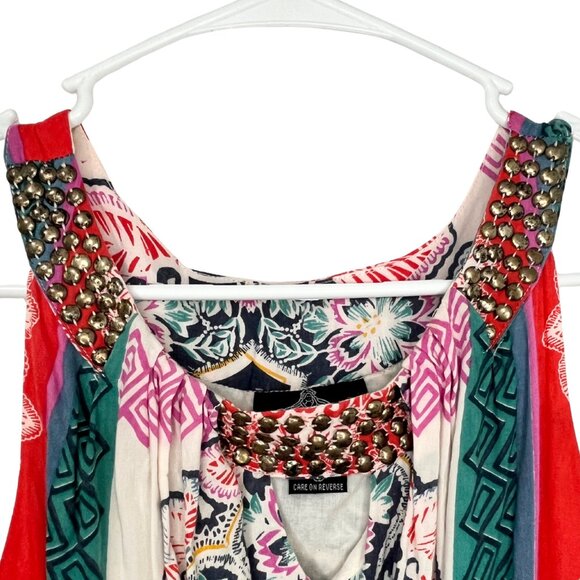 Angie Dress Boho Festival Sleeveless Multicolor Tribal Print Beaded Size Large - Picture 4 of 8